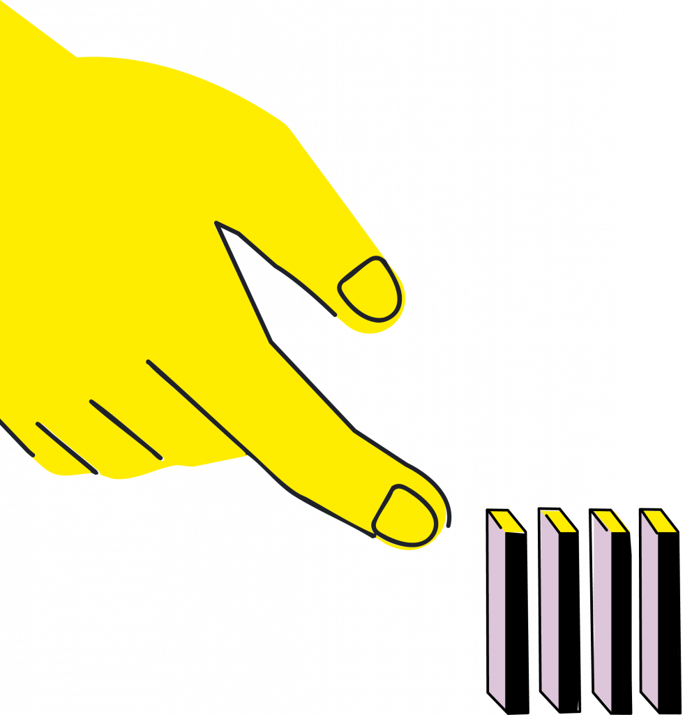 Titelbild des Klimaherbsts 2025. Eine Hand stößt einen Stapel Dominosteine an.